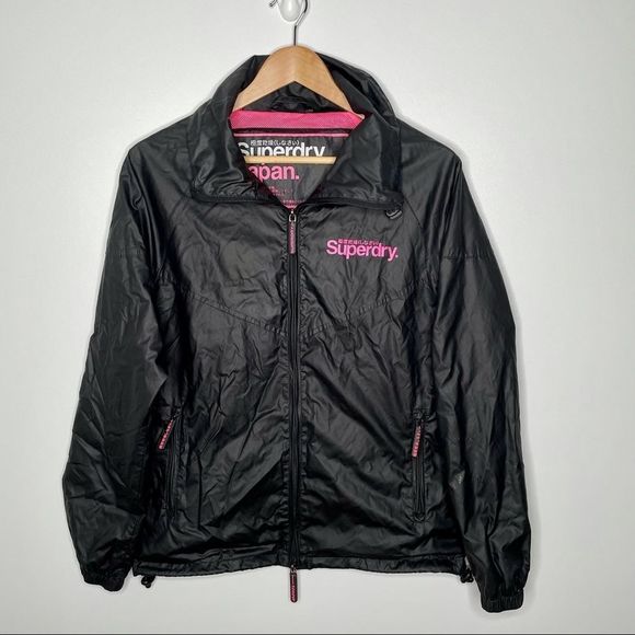Superdry Japan Women's Zip Up Black Pink Windcheater Windbreaker Jacket Size M - Picture 1 of 10